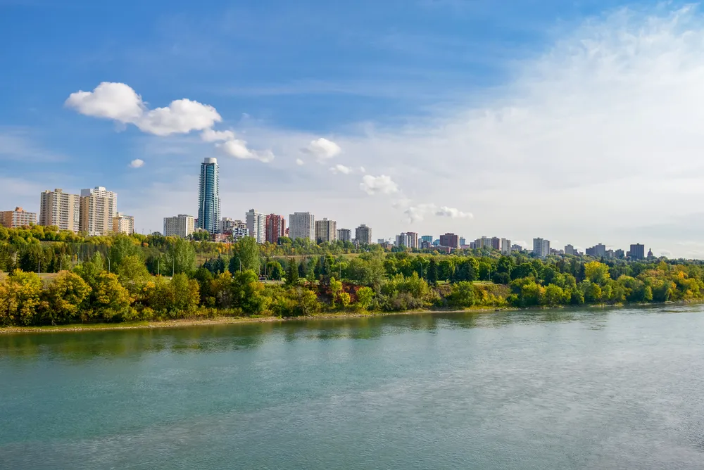Aerial view at Edmonton from the River. Edmonton, Alberta, Canada